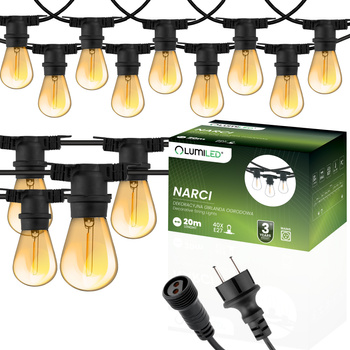 Girlanda Ogrodowa Zewnętrzna Łańcuch Świetlny 20m 20x E27 Żarówki 1,3W 2200K NARCI Lumiled