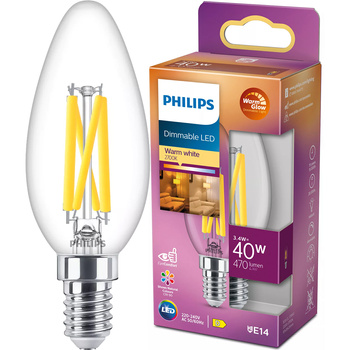 Żarówka LED E14 Świeczka B35 3.4W = 40W 470lm 2200-2700K Ciepła CRI90 FILAMENT Ściemnialna WarmGlow Philips