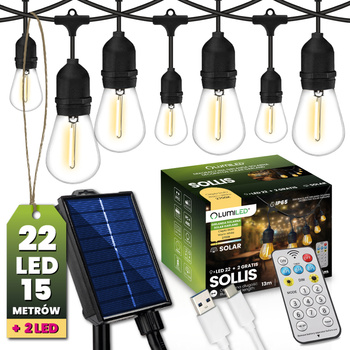 Girlanda Solarna Ogrodowa 22x LED Ozdobne Żarówki 15m + PILOT IP65 2700K Ciepła SOLLIS LUMILED