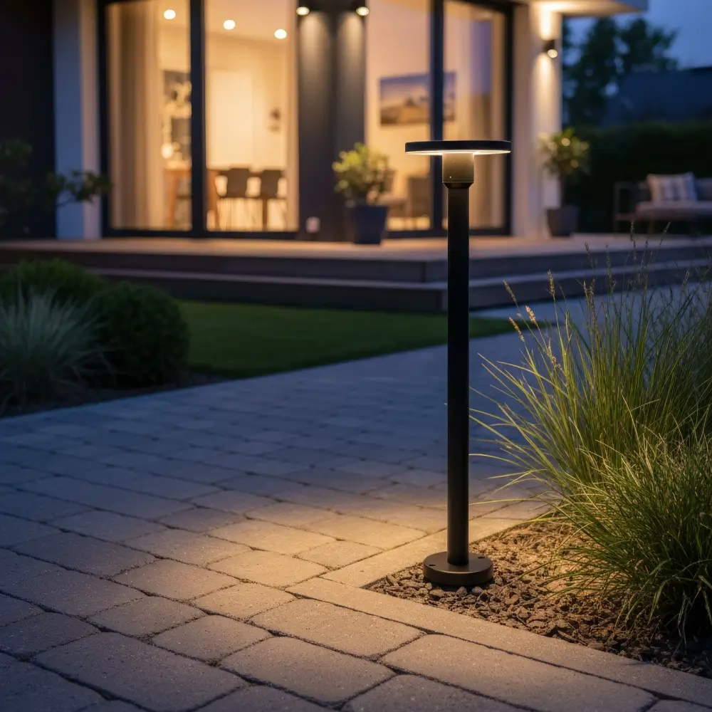 Lampa ogrodowa LED CORTUS - widok na podświetlony taras i trawę
