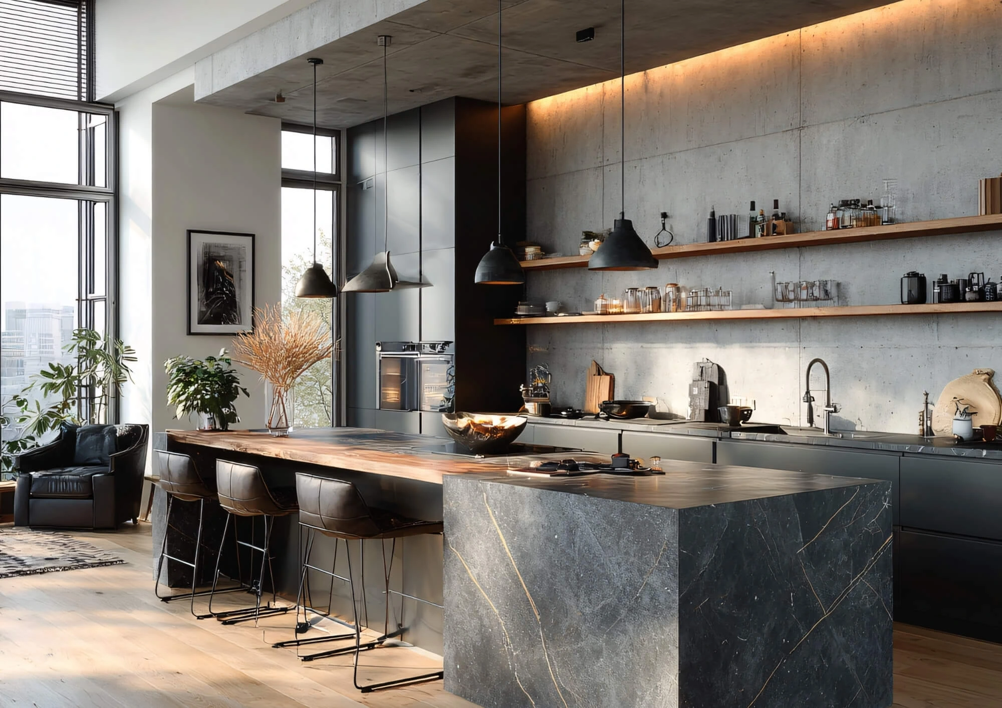 Nowoczesna kuchnia z wyspą i lampami wiszącymi