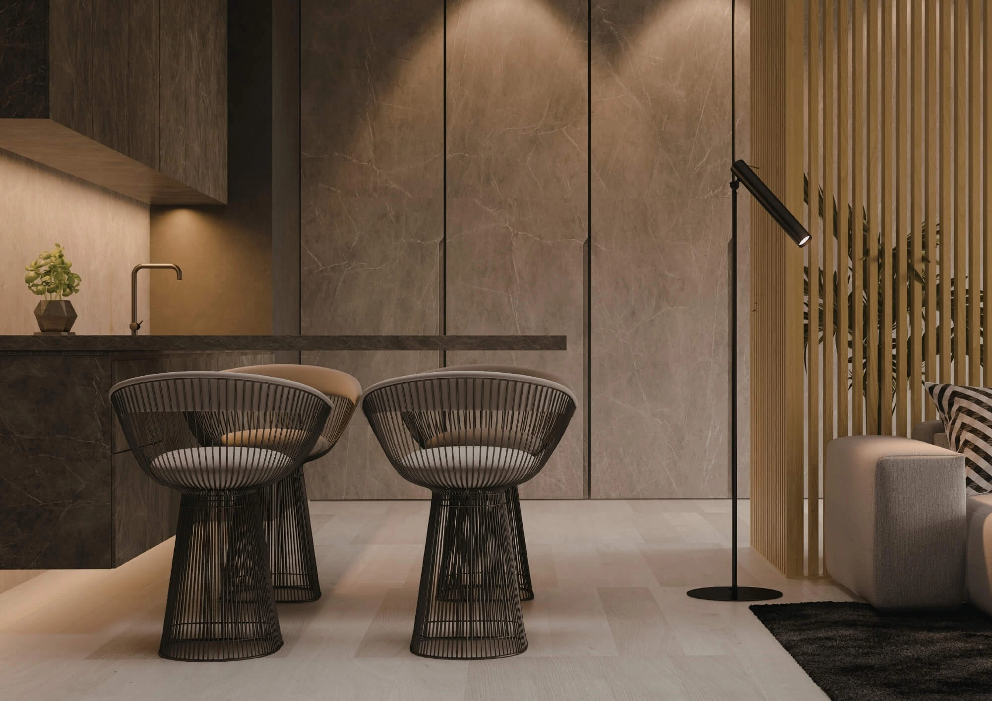 Wnętrze mieszkalne z nastrojowym oświetleniem bocznym