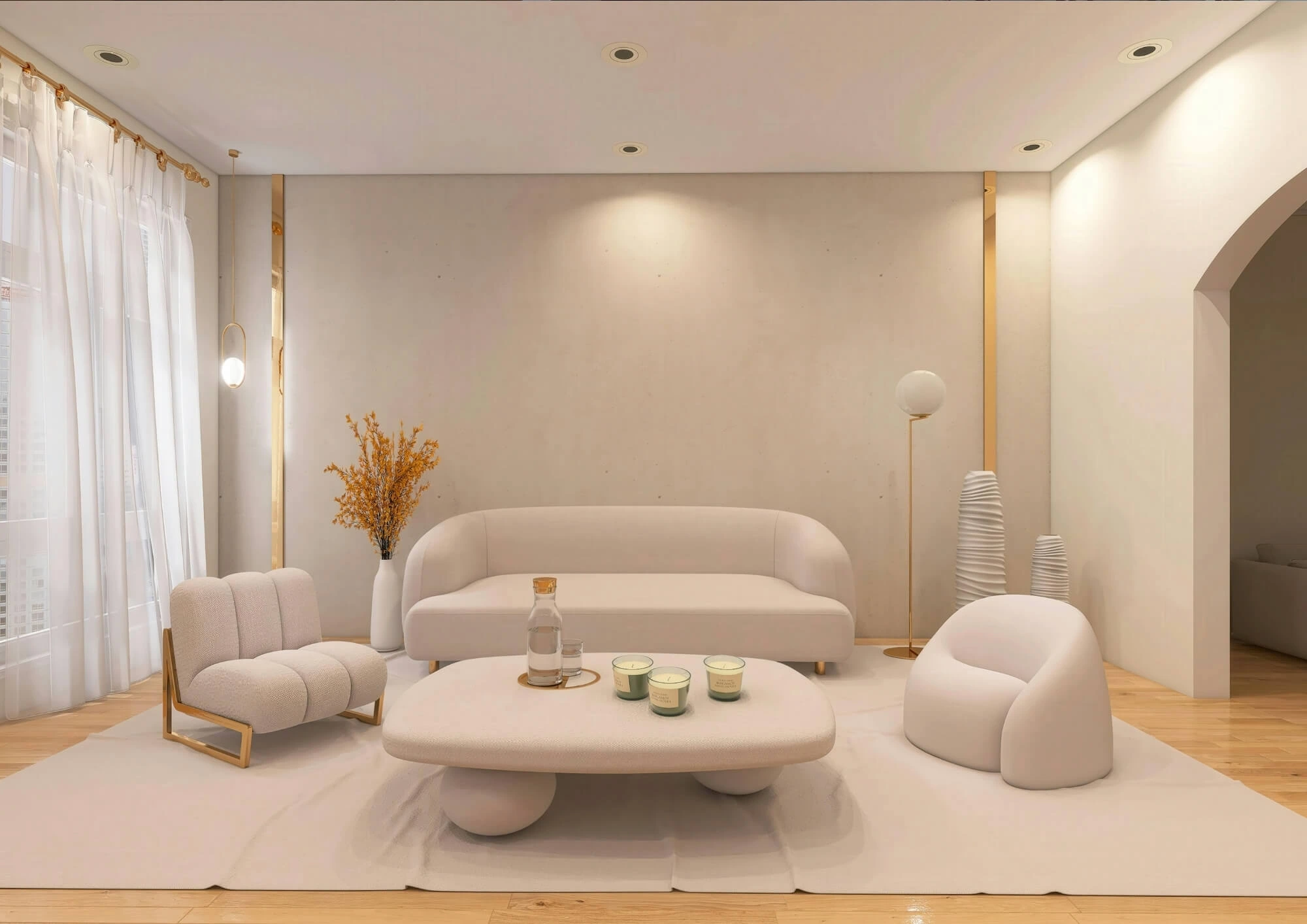 Salon z miękkim oświetleniem sufitowym i jasną aranżacją