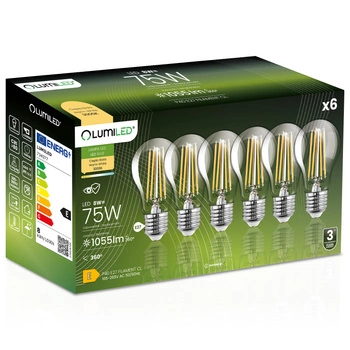 Zestaw 6x Żarówka LED E27 A60 8W = 75W 1055lm 3000K Ciepła 360° Filament LUMILED