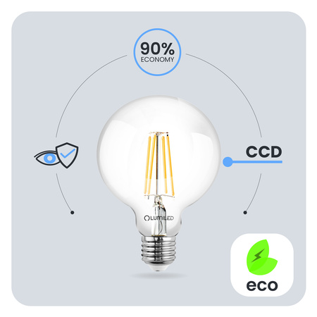 Żarówka LED E27 Kula G125 7W = 60W 806lm 3000K Ciepła 360° FILAMENT LUMILED