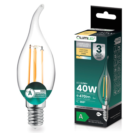 Żarówka LED E14 Świeczka BA35 2,2W 470lm = 40W 2700K Ciepła 360° Filament KLASA A LUMILED