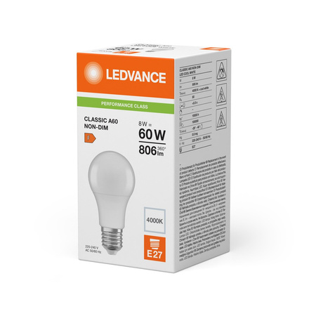 Żarówka LED A60 E27 8W = 60W 806lm 4000K Neutralna Biała LEDVANCE