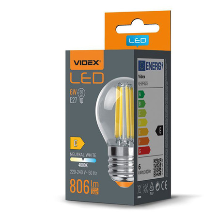 Żarówka LED E27 G45 Kulka 6W = 60W 806lm 4000K Neutralna 360° FILAMENT Videx