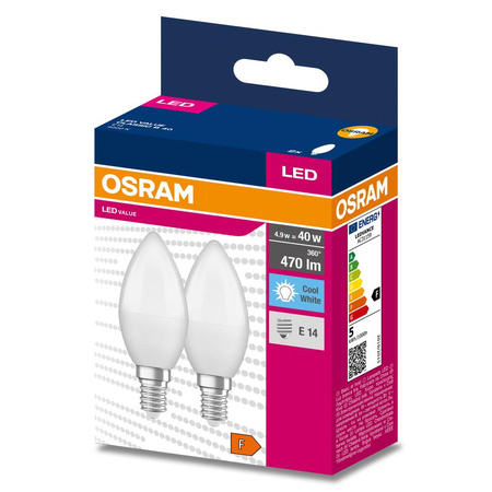 2x Żarówka LED B37 Świeczka E14 4.9W = 40W 470lm 4000K Neutralna 200° VALUE CLASSIC Osram