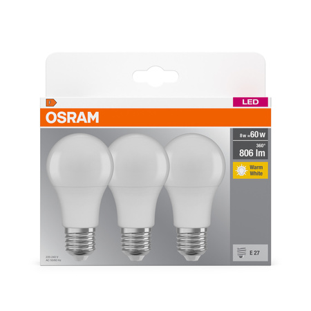 3x Żarówka LED A60 E27 8W = 60W 806lm 2700K Ciepła 150° BASE Osram
