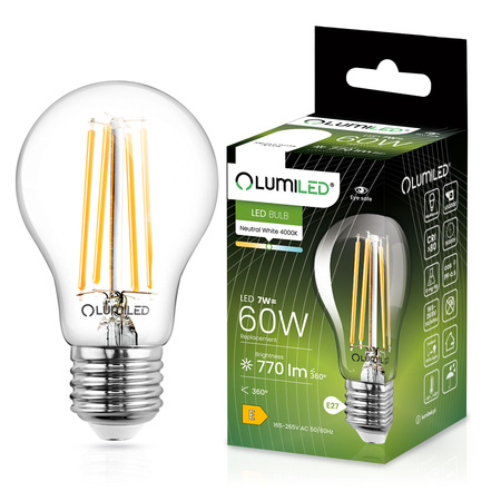 Żarówka LED E27 A60 7W = 60W 770lm 4000K Neutralna 360° Filament LUMILED