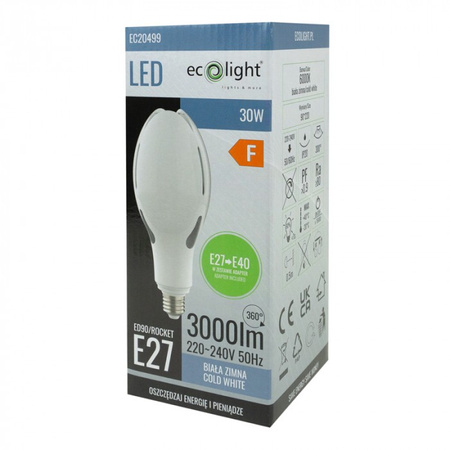 Żarówka LED E27 30W 3000lm 6000K Zimna Rocket + Adapter E40 Ecolight