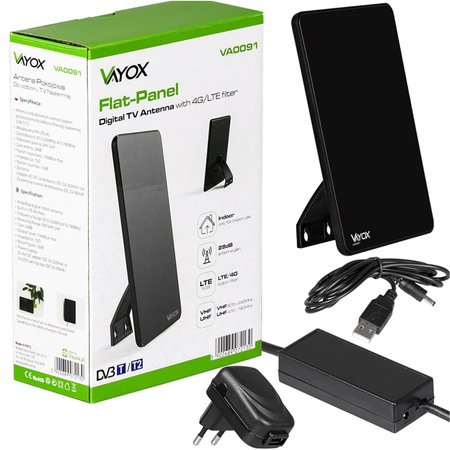 Antena Pokojowa ze Wzmacniaczem do Telewizji Naziemnej DVB-T/T2 Aktywna 4K Mocna VAYOX