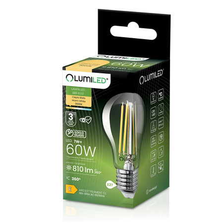 Żarówka LED E27 A60 7W = 60W 810lm 3000K Ciepła 360° FILAMENT LUMILED