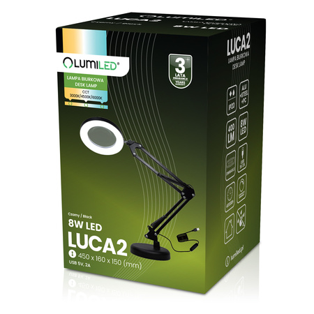 ZESTAW Lampka Biurkowa LED 8W CCT Kreślarska Stołowa Lupa LUCA 2 Czarna + Adapter USB 5V/1A DC LUMILED