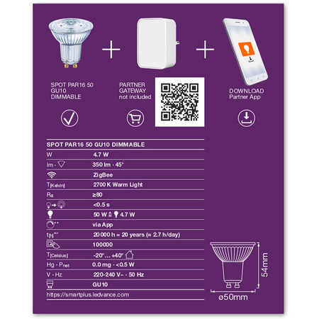 Żarówka LED GU10 Tradycyjna 4.7W = 50W 350lm 2700K Ciepła Ściemnialna SMART+ ZigBee Classic Ledvance