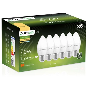 6x Żarówka LED E27 B35 5W = 40W 470lm 3000K Ciepła 180° LUMILED