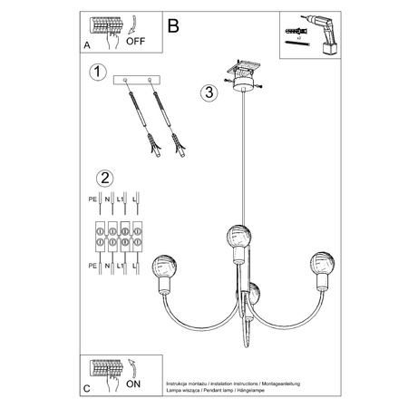 Lampa Sufitowa Wisząca Zwis 3x E27 Żyrandol Nieregularna Czarna Nowoczesna Piccolo Sollux