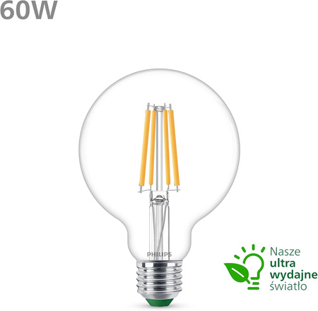 Żarówka LED E27 Kula G95 4W = 60W 840lm 210lm/W 2700K Ciepła 300° KLASA A UltraEfficient Philips