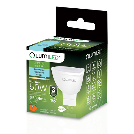 10x Żarówka LED GU5.3 Reflektor MR16 6W = 50W 580lm 6500K Zimna 120° LUMILED