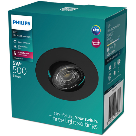 Oprawa Podtynkowa Wpuszczana LED 5W 500lm 2700K Ciepła Ruchoma Okrągła Czarna Ściemnialna 3-STEP SceneSwitch Cilantro Philips