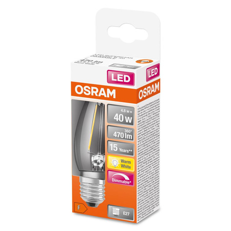 Żarówka LED B35 Świeczka E27 4.8W = 40W 470lm 2700K Ciepła 300° Ściemnialna Retrofit Filament CLASSIC Osram