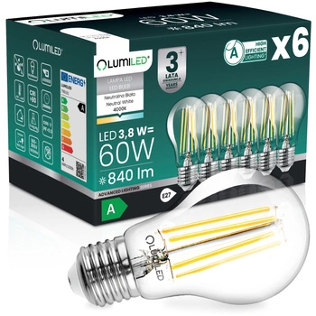 6x Żarówka LED E27 A60 3,8W 840lm = 60W 4000K Neutralna 360° Filament KLASA A LUMILED