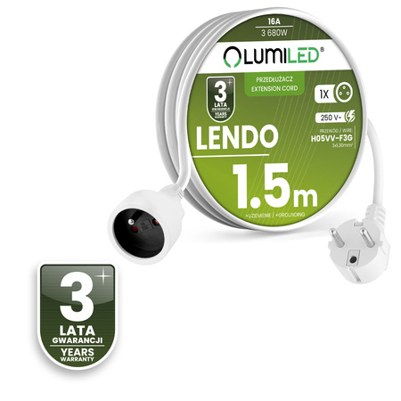 Przedłużacz Sieciowy Kabel z Uziemieniem Listwa Zasilająca 1 Gniazdo 1.5m Biały Sznur Lendo Lumiled