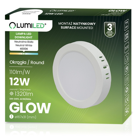 Oprawa Natynkowa Lampa LED Sufitowa 12W Okrągła 4000K GLOW Biała LUMILED