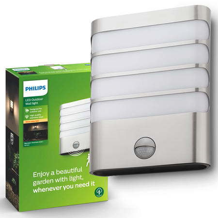 Kinkiet Ogrodowy Lampa Elewacyjna Zewnętrzna LED 3W 270lm 2700K IP44 z Czujnikiem Ruchu i Zmierzchu Srebrna Raccoon Philips