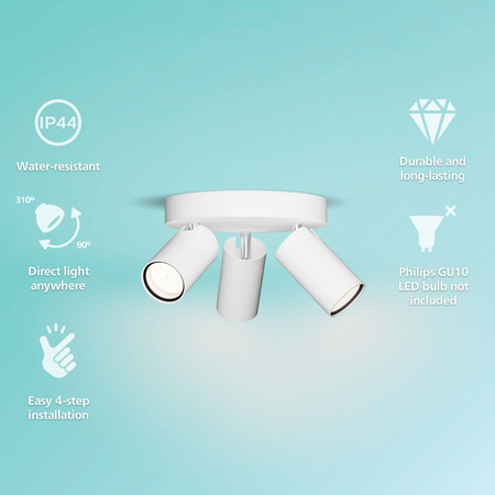Lampa Sufitowa Reflektor 3x GU10 IP44 Biała Kosipo Philips