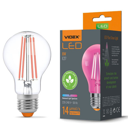 Żarówka LED E27 A60 8W 1200K Ciepła 360° DO WZROSTU ROŚLIN FILAMENT Videx
