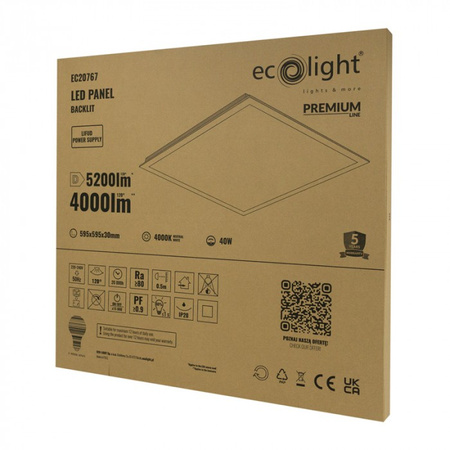 Panel LED 60x60 Kaseton Wpuszczany Podtynkowy 40W 4000lm 4000K Neutralna Biały Backlit Ecolight