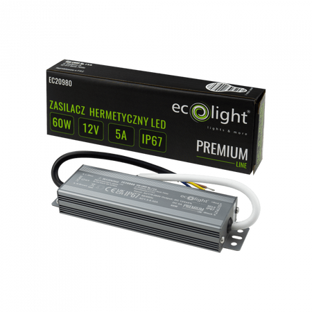 Zasilacz do Taśm LED Hermetyczny 60W 12V 5A IP67 PREMIUM Ecolight