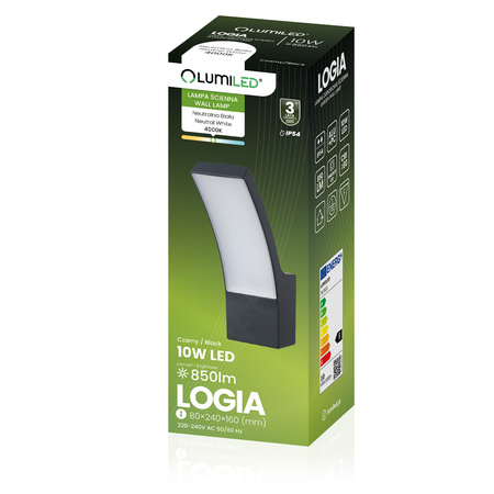 Lampa Elewacyjna LED Zewnętrzna Ścienna Czarna Kinkiet Ogrodowy 10W 4000K IP54 LOGIA LUMILED