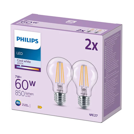 Zestaw 2x Żarówka LED E27 A60 7W = 60W 850lm 4000K Neutralna Filament PHILIPS