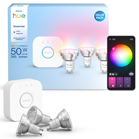 3x Żarówka LED GU10 Reflektor PAR16 4,7W = 50W 345lm 2200-6500K CCT + RGB SMART Inteligentna Bluetooth ZigBee White and Color Ambiance + Mostek Bridge Zestaw Startowy Philips HUE