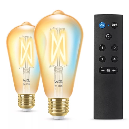 2x Żarówka LED E27 Edison ST64 7W = 50W 640lm 2000-5000K TW FILAMENT Bursztynowa Inteligentna SMART WiFi Bluetooth Aplikacja WiZ + Pilot Sterujący
