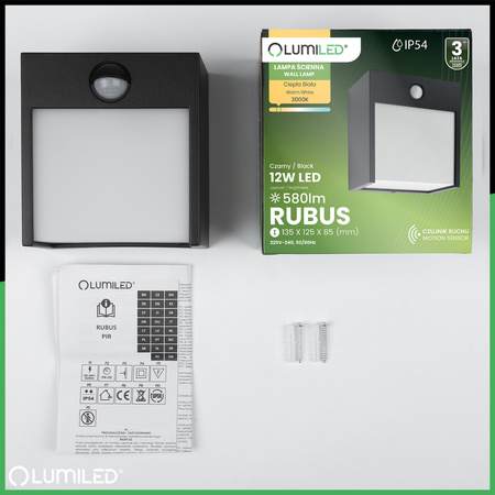 Lampa Ogrodowa Ścienna LED Kinkiet Elewacyjny Zewnętrzny PIR IP54 12W 3000K RUBUS LUMILED