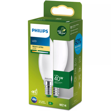 Żarówka LED E14 Świeczka B35 2.3W = 40W 485lm 210lm/W 2700K Ciepła 300° KLASA A UltraEfficient Philips