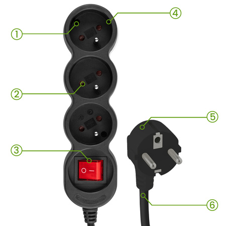 Przedłużacz Sieciowy Kabel z Uziemieniem Listwa Zasilająca 3 Gniazda 3m Włącznik ON/OFF Czarny Sznur Lendo Lumiled