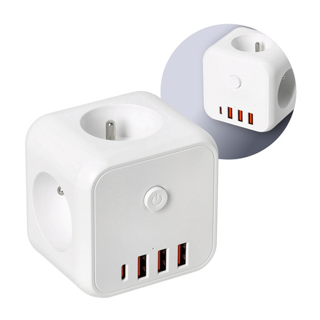 Rozgałęźnik LINEA PRO CUBE 3x230V Uziemienie Wyłącznik + 4xUSB Biały KOBI 