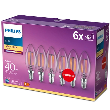 Zestaw 6x Żarówka LED Świeczka E14 B35 4.3W = 40W 470lm 2700K Ciepła Filament PHILIPS