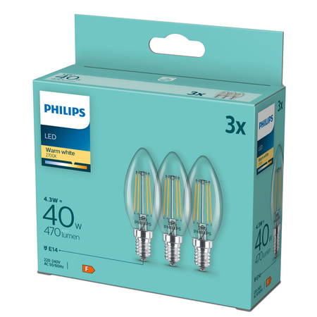 3x Żarówka LED E14 Świeczka B35 4,3W = 40W 470lm 2700K Ciepła FILAMENT Philips