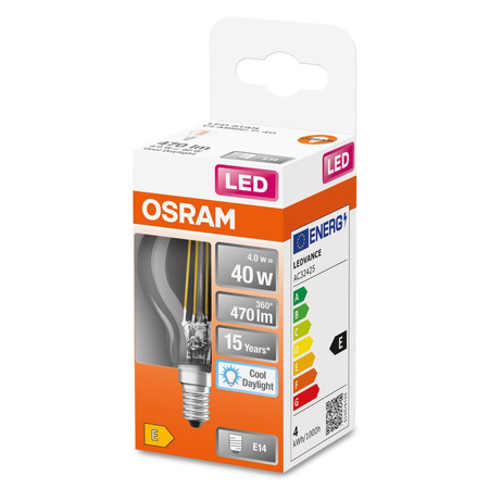 Żarówka LED P45 Kulka E14 4W = 40W 470lm 6500K Zimna 300° Retrofit Filament CLASSIC Osram