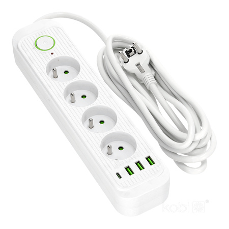 Przedłużacz CONNECTO 4x230V 3m 4GN Uziemienie Wyłącznik 4xUSB Biały Kobi
