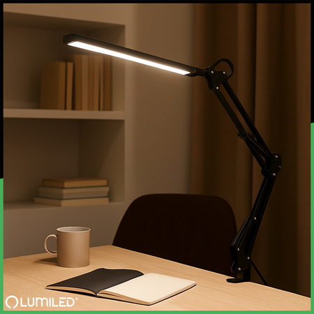 ZESTAW Lampka Biurkowa LED 8W CCT USB Ściemnialna COSMI Czarna z uchwytem + Adapter USB 5V/1A DC LUMILED