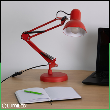 Lampka Biurkowa Kreślarska Stołowa E27 TOBI Czerwona Lumiled + uchwyt na blat