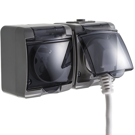 Gniazdko Podwójne Elektryczne Hermetyczne Ścienne Natynkowe z Bolcem IP54 KARLIK Popielate