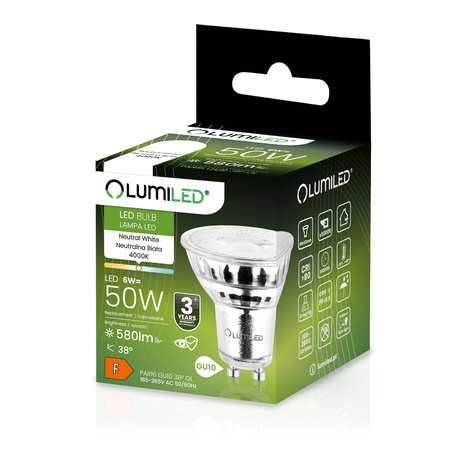 Zestaw 10x Żarówka LED GU10 6W = 50W 580lm 4000K Neutralna 38° Szklana LUMILED